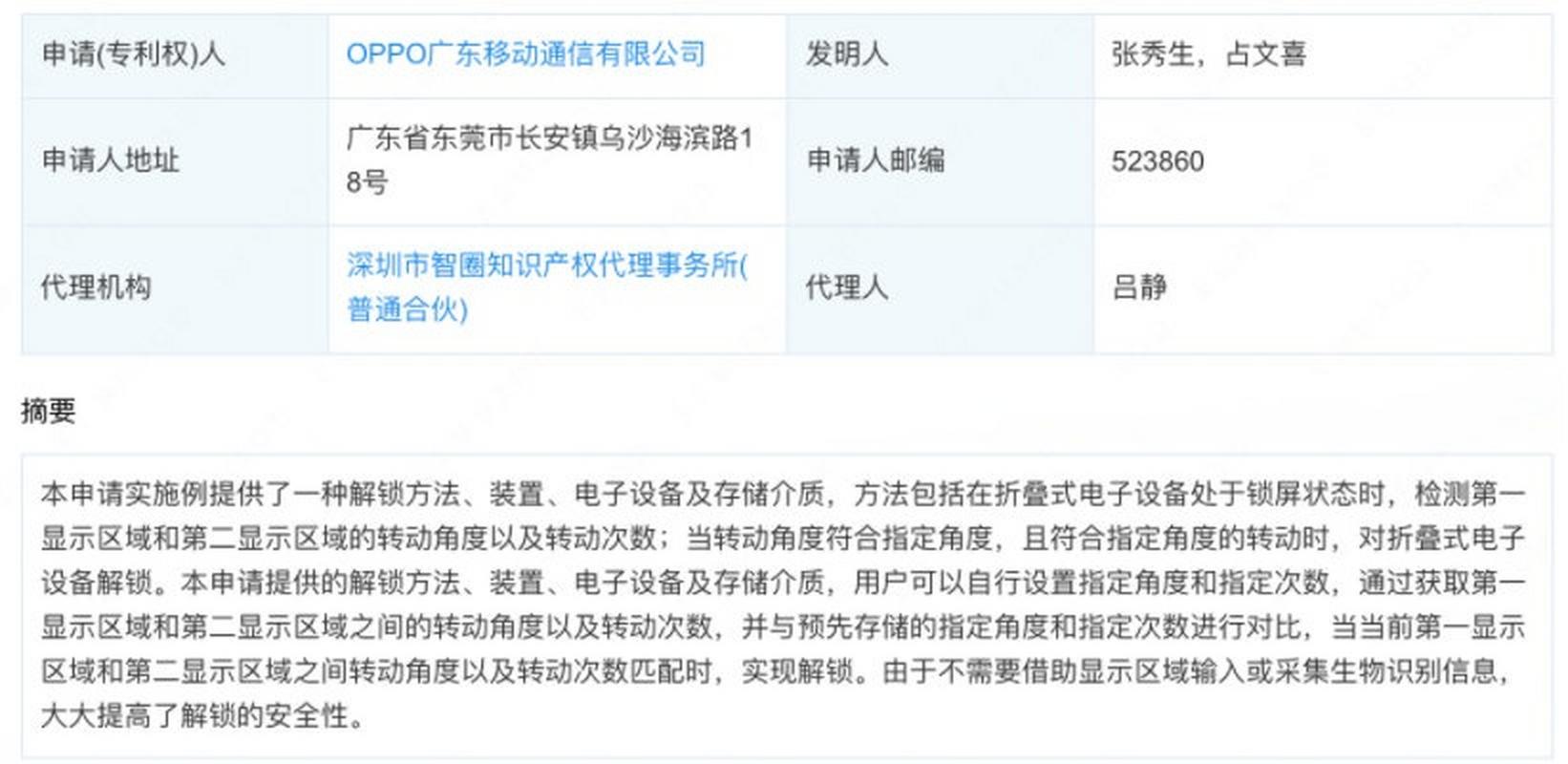 近日,oppo广东移动通信申请的"解锁方法,装置,电子设备及存储